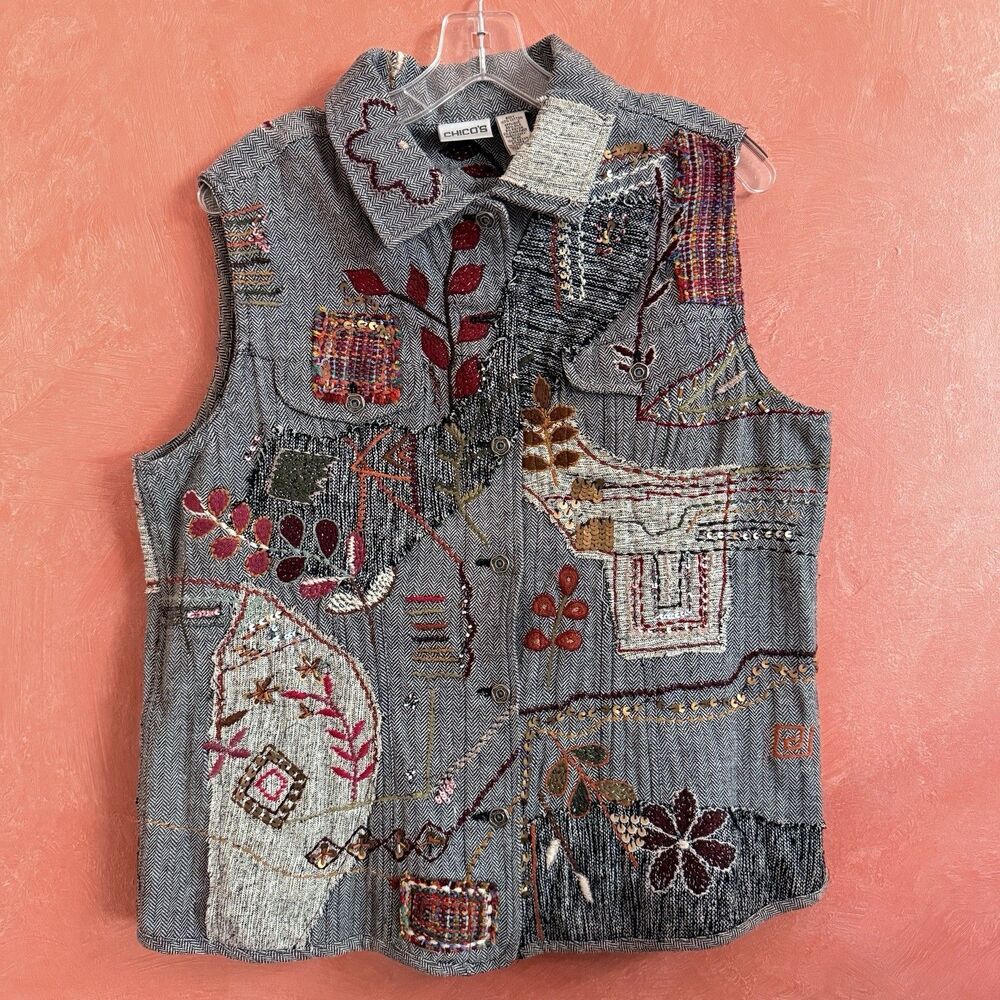 Chico’s Y2K Embellished Tweed Vest Beaded Sequin Boho Artwear Size 2